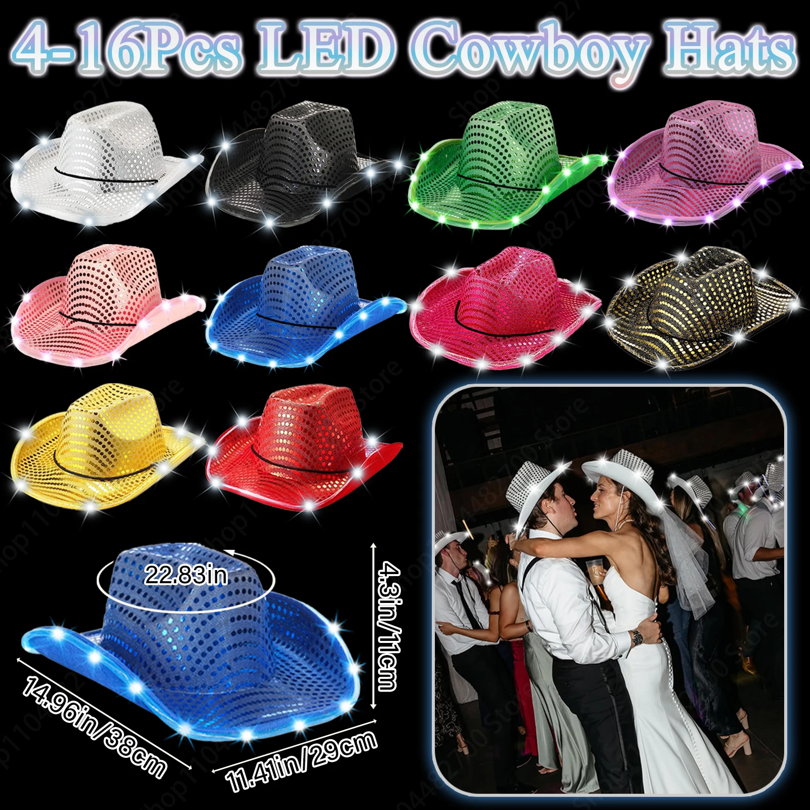 Party Hat Cone - หมวกคาวบอย LED 4/6/8/10/12/16 ชิ้น สำหรับงานแต่งงาน หมวกปาร์ตี้เรืองแสง