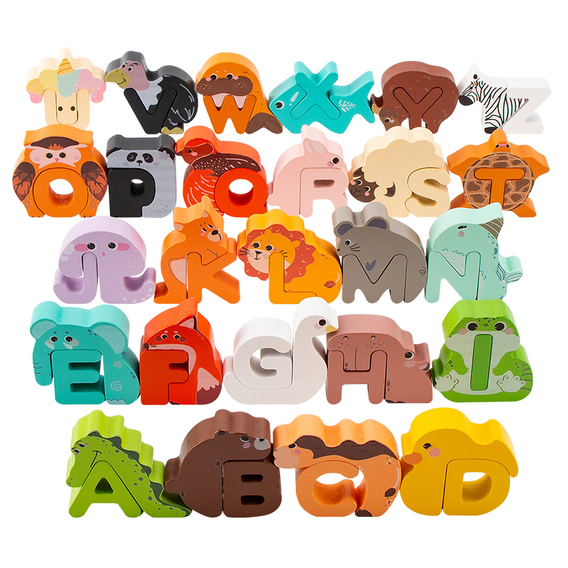 Event Z - ชุดบล็อกตัวอักษรไม้รูปสัตว์ 26 ชิ้น, ของเล่นต่อบล็อกตัวอักษร A-Z, เกมการเรียนรู้เพื่อการศึกษาสำหรับเด็ก,