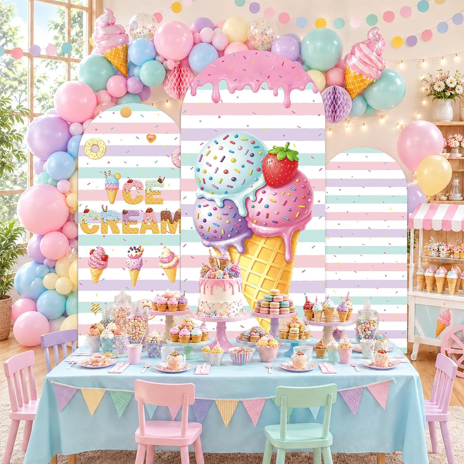 Dessert Table Backdrop - ผ้าคลุมฉากหลังทรงโค้งลายไอศกรีมสองด้านแบบสั่งทำพิเศษ ลายวาฟเฟิลโรยหน้า หวาน สำหรับโต๊ะเค้กของหวานวันเกิด อุปกรณ์จัดงานปาร์ตี้