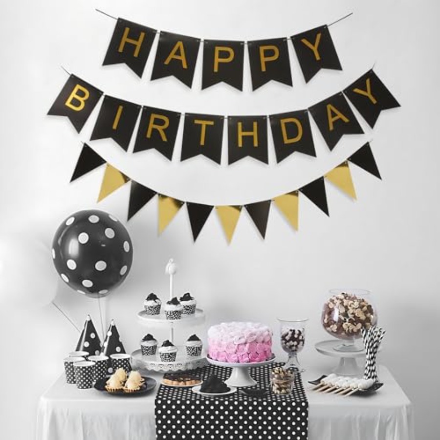 Party Banner Gold - ธงลายทางสีดำและสีทองพร้อมชุดธงสามเหลี่ยม | ชุดแบนเนอร์ตกแต่งงานฉลองวันเกิด | พื้นหลังสีดำ